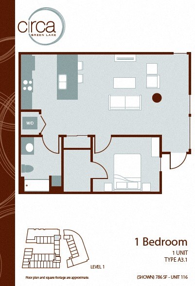 Floor plan for 1 bed, 1 bath, 809 sqft